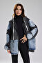 Women's Washed Denim Paneled Sleeve Striped Detail Oversized Hooded Designer Jacket