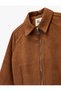 Zipper Detailed Long Sleeve Classic Collar Pocketed Faux Suede Jacket - 6