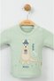 Cute Kangaroo Embroidered 100% Cotton Green Ribbed Baby Set - 4