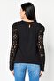 Women Crew Neck Long Sleeve Textured Top, Black - 4
