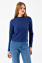 Women's Mock Neck Long Sleeve Textured Blouse Navy Blue - 26158 - 3