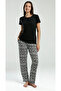 Women, Black, Premium, Crew Neck, Half Placket Button Short Sleeve 2-Piece Set/Home Wear/Pajama Set