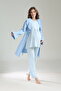 Women's Blue Ruffled Shawl Collar Cotton Maternity Pajama Set with Dressing Gown 3-Piece Set - 5