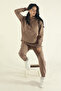 Women's Brown Winter Cotton Puff Fabric Kangaroo Pocket Hooded Jogger Tracksuit Set - 3