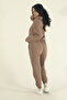 Women's Brown Winter Cotton Puff Fabric Kangaroo Pocket Hooded Jogger Tracksuit Set - 6
