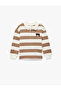 Cotton Teddy Bear Embroidery Detailed Long Sleeve Polo Neck Striped Sweatshirt