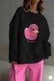 Women's Black Crew Neck Sweatshirt Dress – Pink Duck Printed 3 Yarn Ş Fleece-Lined Oversize - 5