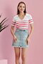 Polo Neck Pink Striped Ecru Summer Knit Blouse - 5