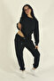 Women's Winter Fleece-Lined Tracksuit Set Crew Neck Sweatshirt Jogger-Black Regular Elasticated Leg