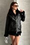 معطف جلدي نسائي أسود من Shearling Ov قصة فضفاضة uni - معطف جلدي من Shearling للدراجات النارية - 4