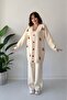 Oversized Women's Knitwear Cardigan – Cherry Detailed, Ecru, Soft Textured Buttoned Model - 3