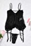 Siyah Jartiyerli Kapsız Fırfırlı Külotlu Dantel Askılı Babydoll/Fantezi Gecelik TBBAW26CS00007 - 5
