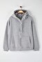 Gri Melanj Kapüşonlu İçi Polarlı Önü Fermuarlı Büyük Beden Örme Sweatshirt TBBAW25AO00027 - 5