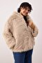 Bej Oversize Kalıp Kapüşonlu Kürk Büyük Beden Mont TWOAW26AW00000 - 3