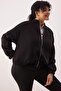 Siyah Bomber Yaka Oversize/Geniş Kalıp Önü Fermuarlı Büyük Beden Sweatshirt TBBAW26AO00038 - 2