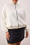 Ekru Bomber Yaka Oversize/Geniş Kalıp Önü Fermuarlı Büyük Beden Sweatshirt TBBAW26AO00038 - 3