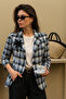 Black Palm Embroidered Blue Plaid Patterned Linen Blazer Jacket