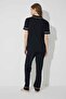 طقم بيجاما قطني للنساء، بأكمام قصيرة وأزرار وحواف مزينة، باللونين الأسود والأبيض - 3