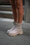 Women's Beige Boots with Stone Detail, Thick Sole, Zippered Noles