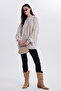 Women's Oversized Wide Cut Knitted Detailed Crew Neck Beige Sweater - 4