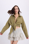 Women's Oversize Wide Cut 100% Cotton Muslin Fabric Long Sleeve Textured Khaki Shirt with Pockets - 6