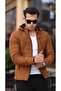 Men's Tan Slim Fit Hooded Suede Coat - 3