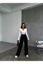 Women's Black High Waist Metal Button Detailed Palazzo Trousers - 5