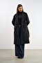 Black Oversized Midi Length Lined Lace-Up Cashmere Coat Mlb094 - 4