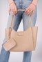 Beige Cream Faux Leather Wallet and Makeup Bag Women's Hand and Shoulder Bag (25X38X15 cm) - 5