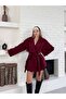 Women's Short Cashmere Coat with Button and Belt Detail, Burgundy - 2