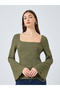 Olive Square Neck Ribbed Knit Top - 3