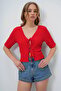 Red Front Tie Short Sleeve Gofre Summer Blouse Alc-X13580 - 3