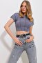 Gray Crew Neck Front Stitched Crop Sandy Blouse Alc-X11782