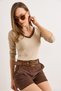 Women's Beige Brown Collar Detailed Fleece-Lined Stretch Fabric Blouse Blz-19002746 - 5
