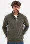 Men's Khaki Standard Fit Regular Cut Cotton Half Zipper Stand Collar Cotton Sweatshirt
