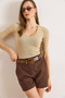 Women's Beige Deep V Neck Double Sleeve Stretchy Cotton Blouse Blz-19002951 - 3