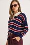 Women's Navy Blue Burgundy Polo Neck Striped Knit Sweater Kzk-19001030 - 5