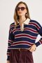 Women's Navy Blue Burgundy Polo Neck Striped Knit Sweater Kzk-19001030 - 6