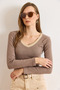 Women's Brown Beige Collar Detailed Fleece-Lined Stretch Fabric Blouse Blz-19002746 - 5