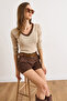 Women's Beige Brown Collar Detailed Fleece-Lined Stretch Fabric Blouse Blz-19002746 - 6