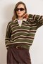 Women's Khaki Brown Polo Neck Striped Knit Sweater Kzk-19001030 - 2