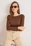 Women's Bitter Brown Boat Neck Corded Fabric Stretchy Cotton Blouse Blz-19002795 - 5