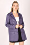 Women's Dark Blue Collared Pocket Flap Buttoned Shoulder Pad Piece Premium Suede Oversized Jacket Arm-25K001057 - 2