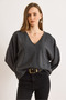 Women's Smoked V-Neck Stitching Detail Flowy Thessaloniki Blouse Blz-19003166 - 4
