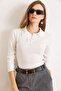 Women's Ecru Polo Neck Buttoned Long Sleeve Cotton Blouse Blz-19003170 - 4