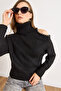 Women's Black One-Shoulder Low-Cut Thick Knit Sweater with Accessories Kzk-19001052