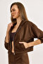 Women's Brown Modal Buttoned Hooded Zippered Flowy Sweatshirt Swt-19000774 - 2