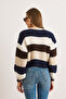 Women's Navy Blue Striped Soft Textured Crop Knit Sweater Kzk-19001055 - 2