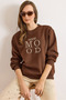 Women's Brown Good Mood Embroidered Fleece-Lined Comfortable Fit Sweatshirt Swt-19000776