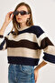 Women's Navy Blue Striped Soft Textured Crop Knit Sweater Kzk-19001055 - 4
